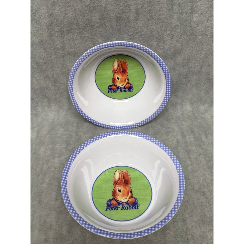 Peter Rabbit Childrens Bowls Set of 2 Melamine Blue Gingham Trim‎